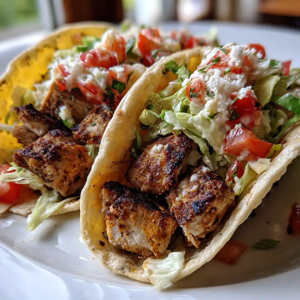Gros plan sur un taco maison au poulet grillé ouvert montrant le poulet caramélisé, l'avocat, la salsa fraîche et la coriandre