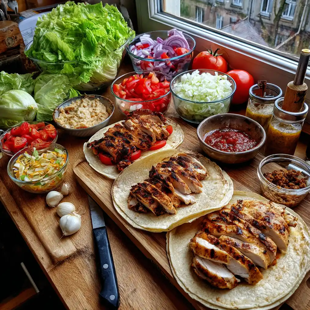 Ingrédients des tacos maison au poulet grillé disposés sur un plan de travail : poulet, tortillas, tomates, oignon rouge, avocat, coriandre, citron vert et épices mexicaines