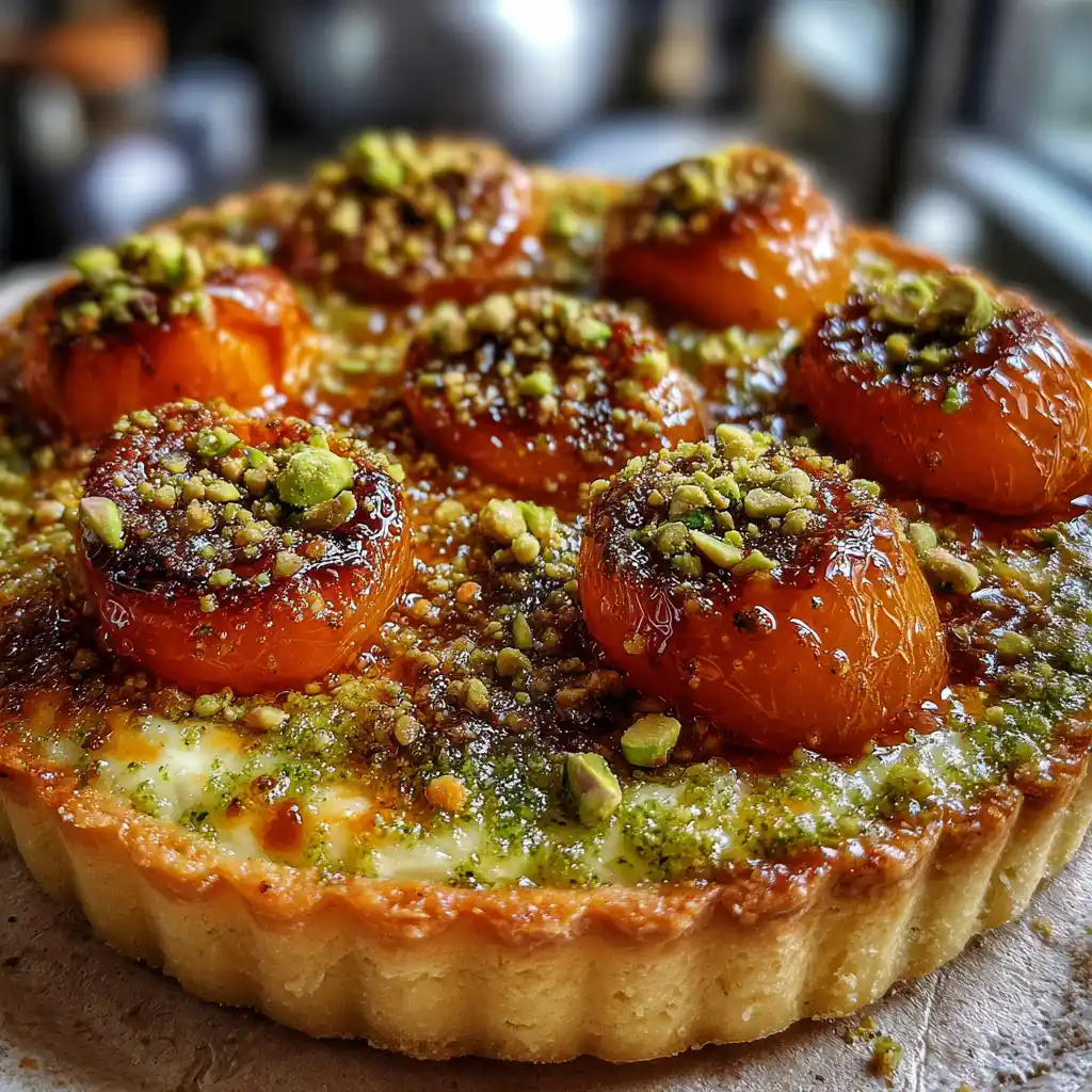 Gros plan sur la tarte abricots et crème de pistache avec la crème verte fondante et les pistaches croquantes visibles