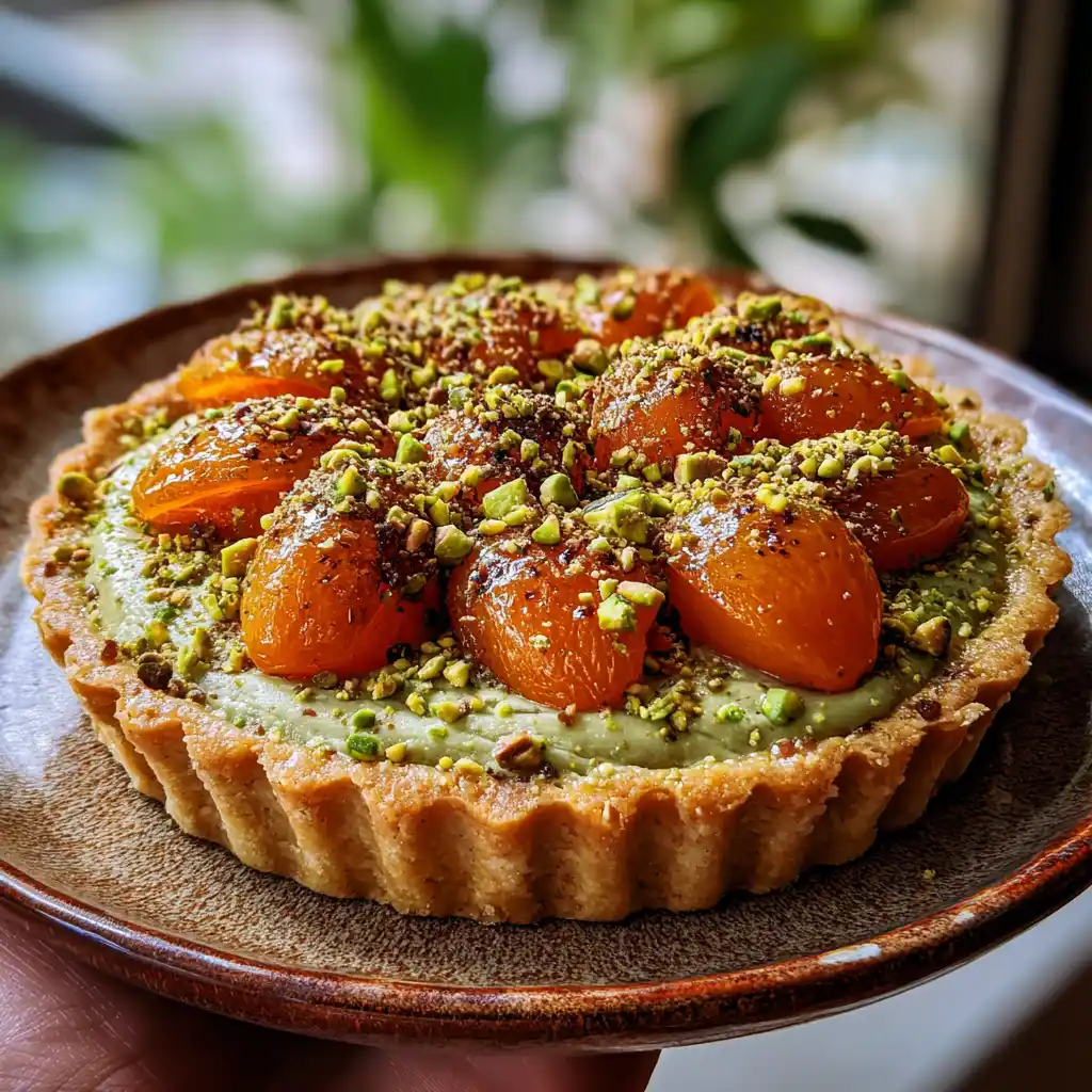 Tarte abricots et crème de pistache entière sortie du four avec les abricots dorés et les pistaches concassées