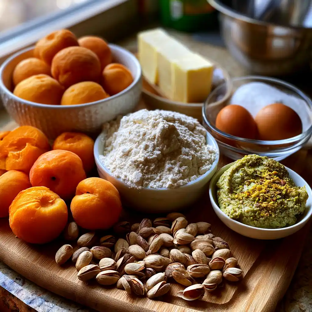 Ingrédients de la tarte abricots et crème de pistache : abricots frais, pâte de pistache, beurre, oeufs, farine et pistaches concassées
