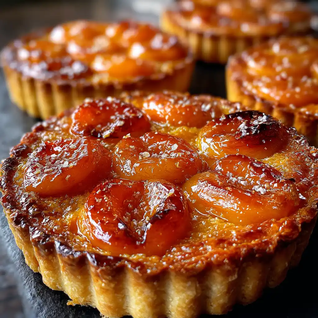 Gros plan sur la tarte aux abricots façon grand-mère avec les abricots caramélisés et la crème d'amande dorée