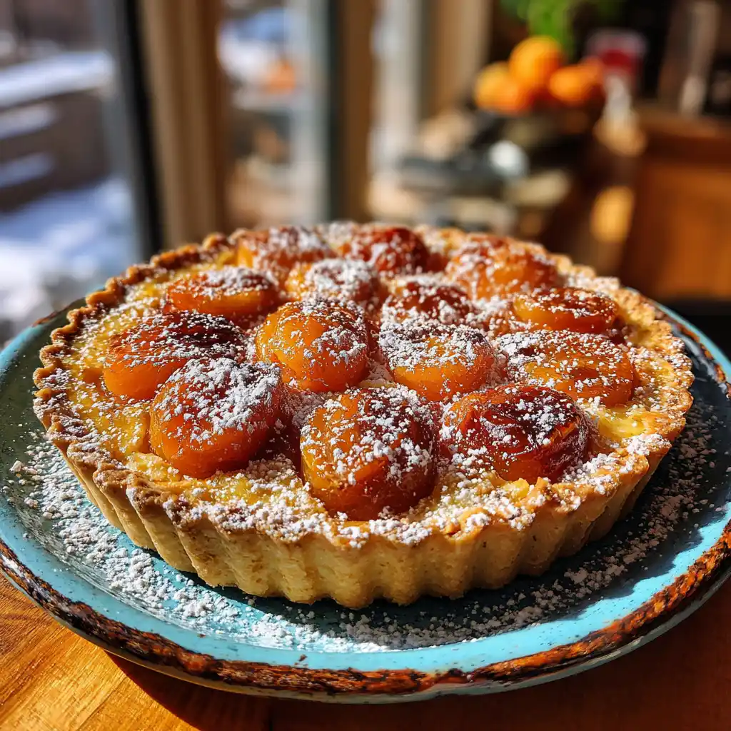 Tarte aux abricots façon grand-mère entière sortie du four avec les abricots caramélisés et la dorure à la confiture