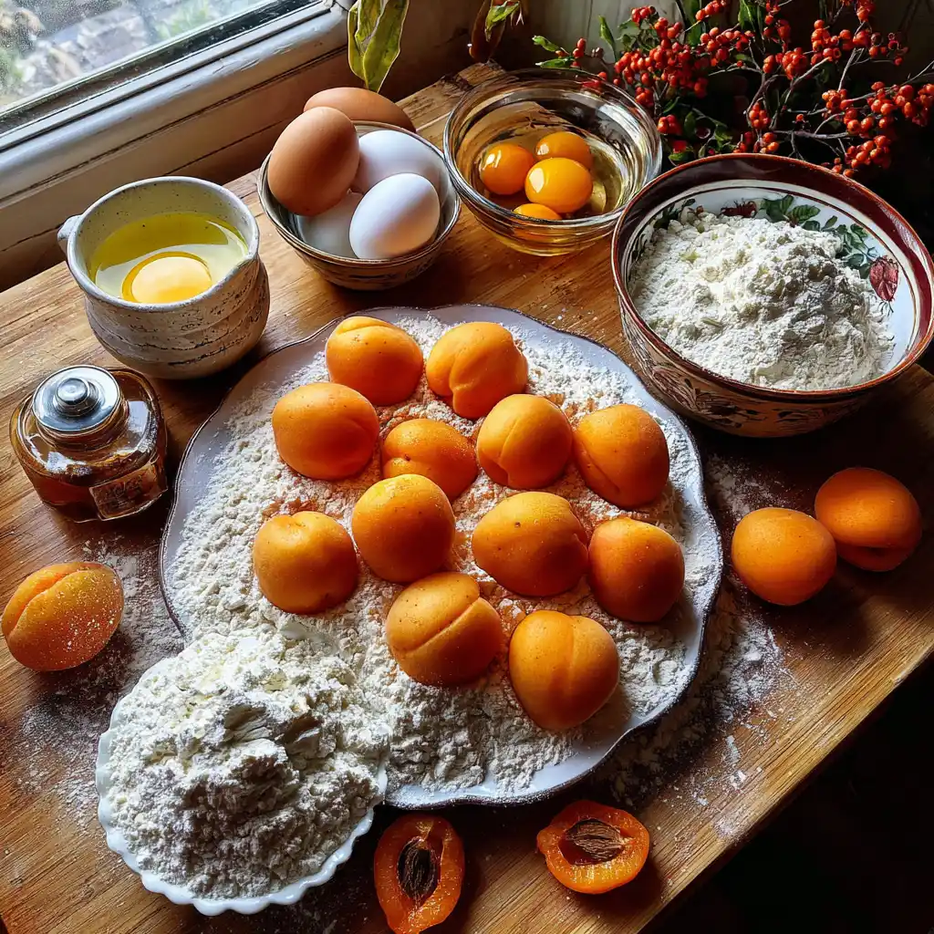 Ingrédients de la tarte aux abricots façon grand-mère : abricots frais, beurre, poudre d'amande, oeufs, farine et sucre