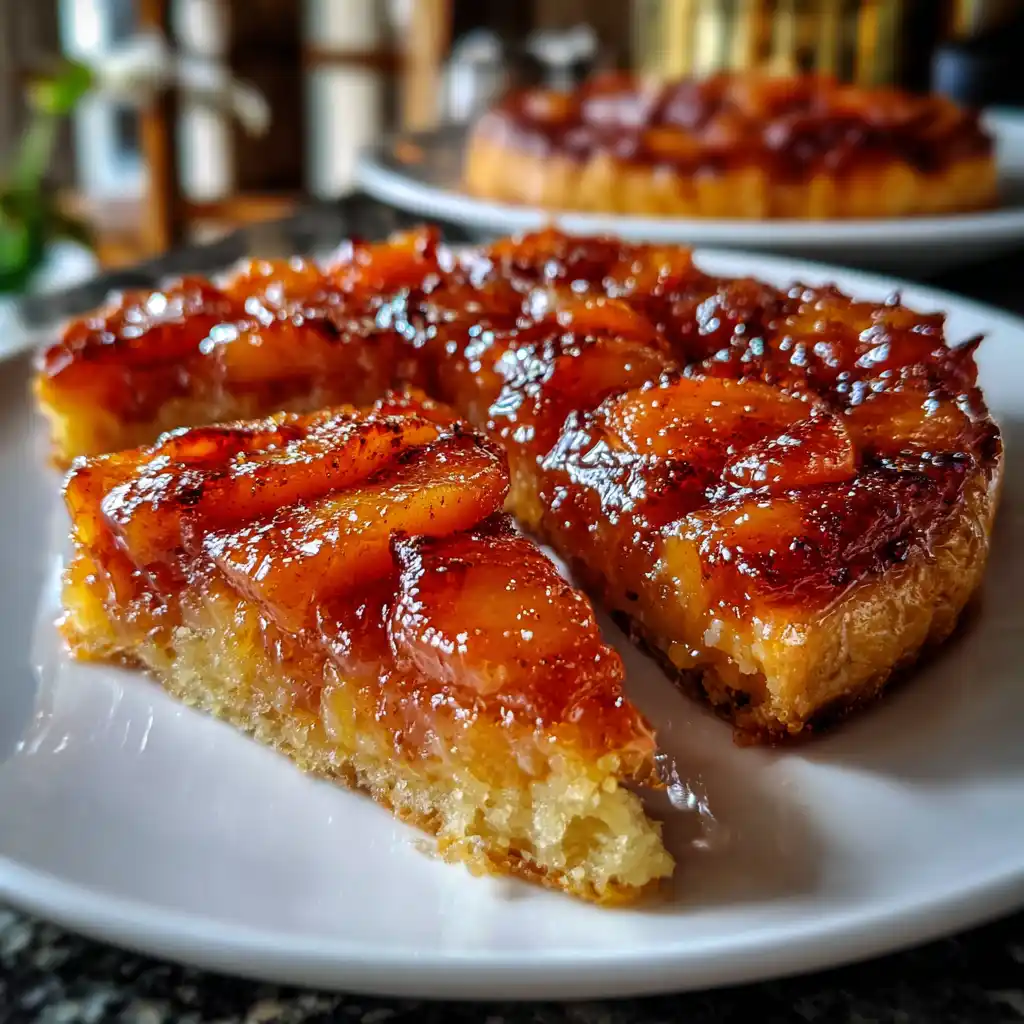 Gros plan sur la tarte aux pêches façon tatin avec quartiers de pêches dorés caramélisés et pâte feuilletée croustillante