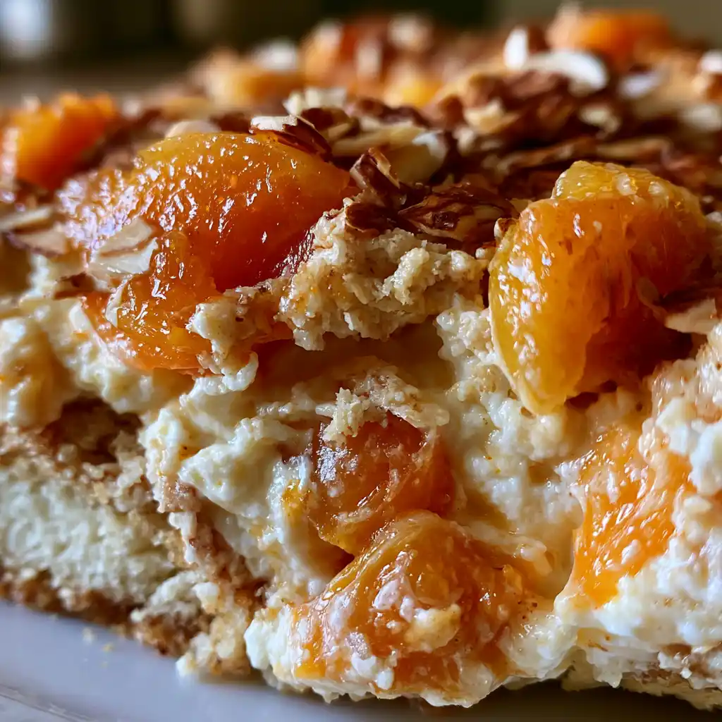 Gros plan sur la texture crémeuse du tiramisu aux abricots et amandes grillées avec amandes torréfiées et abricots juteux