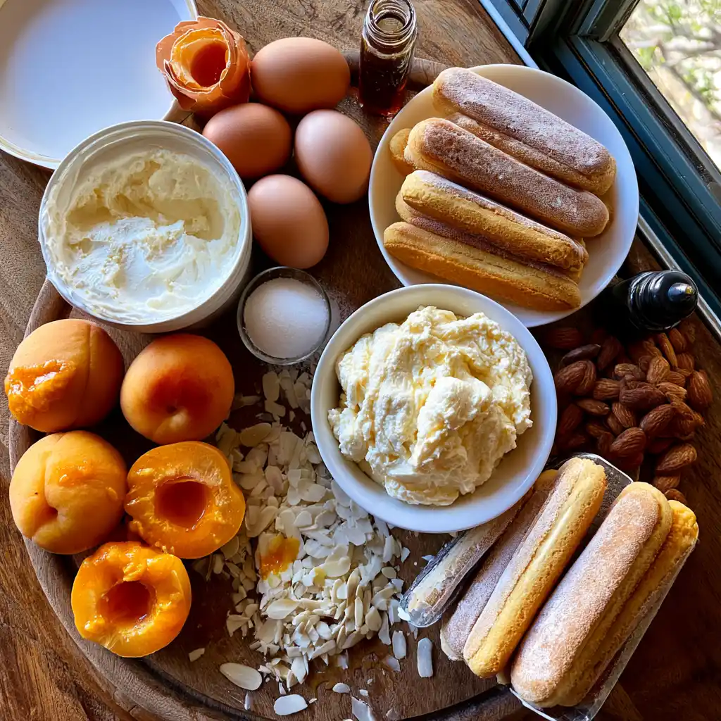 Ingrédients du tiramisu aux abricots et amandes grillées disposés sur un plan de travail : mascarpone, abricots, amandes effilées, biscuits cuillère, œufs et sucre