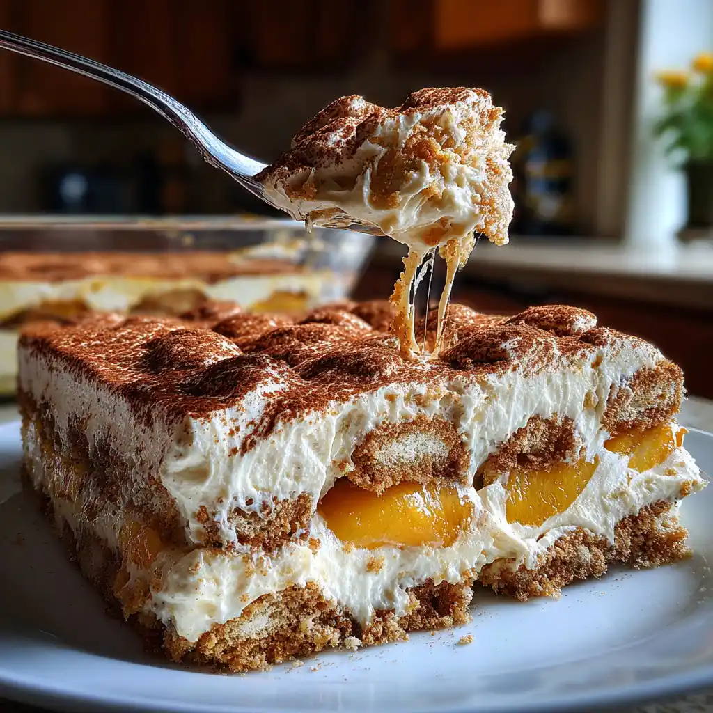 Gros plan sur la texture crémeuse du tiramisu aux pêches et amaretto avec amaretti émiettés et pêches juteuses