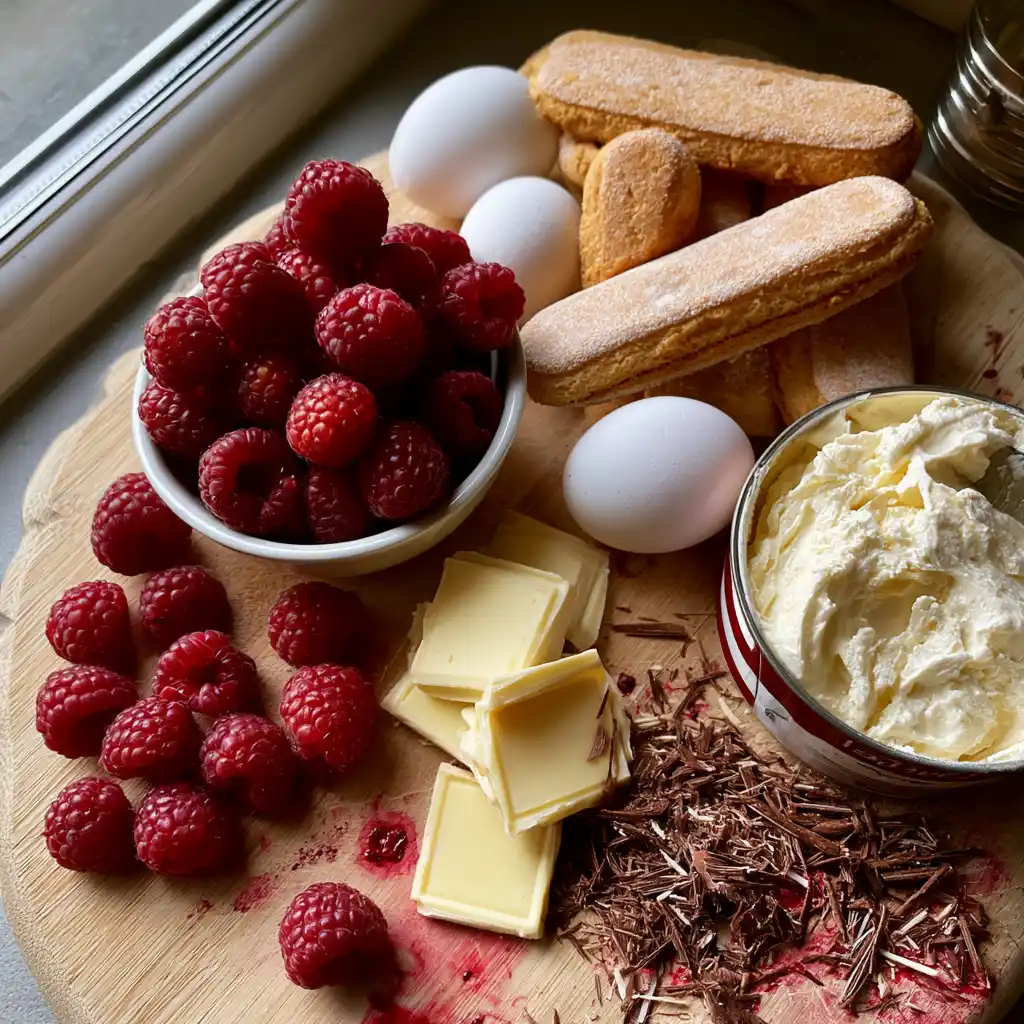 Ingrédients du tiramisu framboises et chocolat blanc disposés sur une planche en bois : mascarpone, chocolat blanc, framboises, biscuits cuillère, œufs et sucre