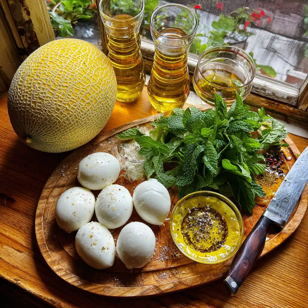 ingrédients verrines melon mozzarella et menthe disposés à plat