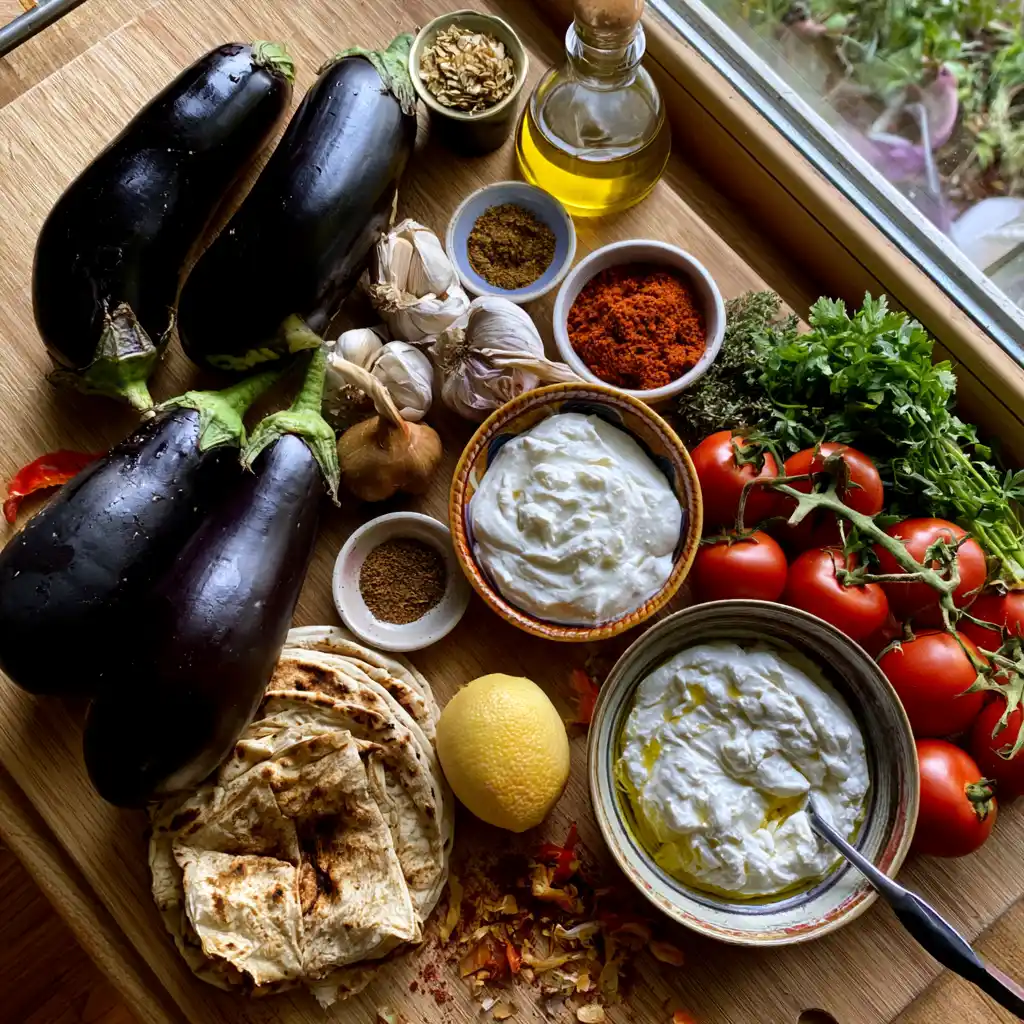 Ingrédients frais pour wraps d'aubergines grillées façon shawarma sur planche en bois