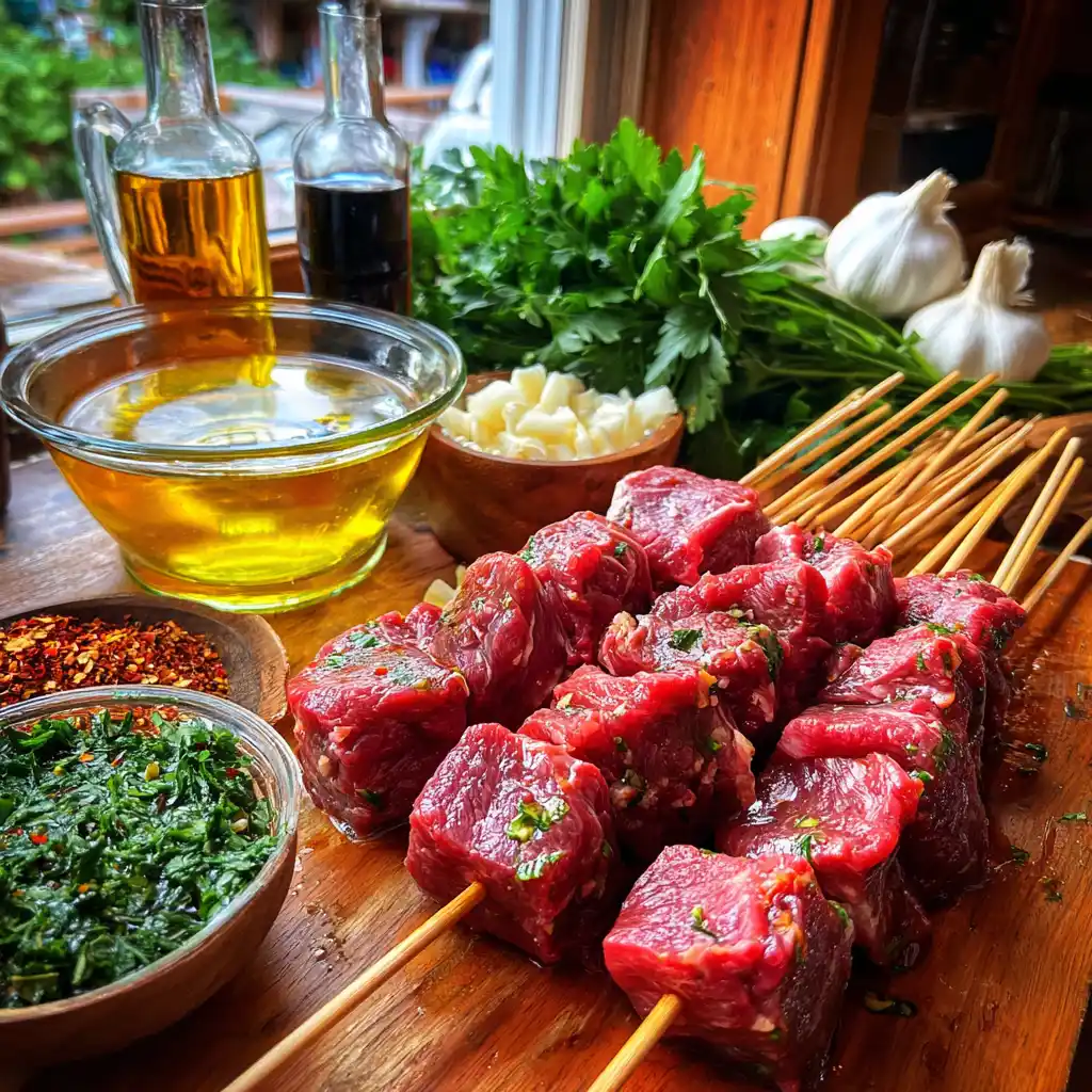 ingrédients brochettes de bœuf marinées chimichurri disposés à plat