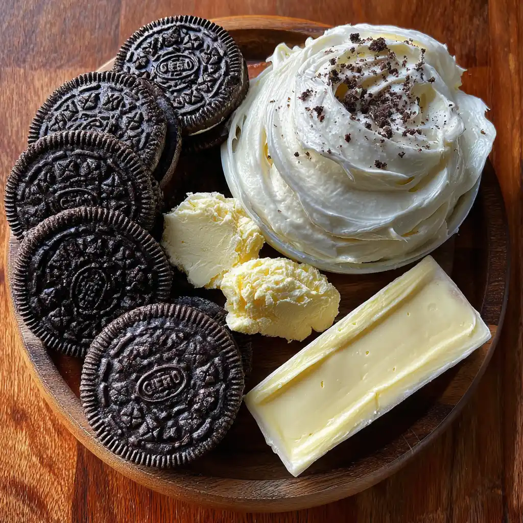 ingrédients cheesecake Oreo sans cuisson disposés à plat