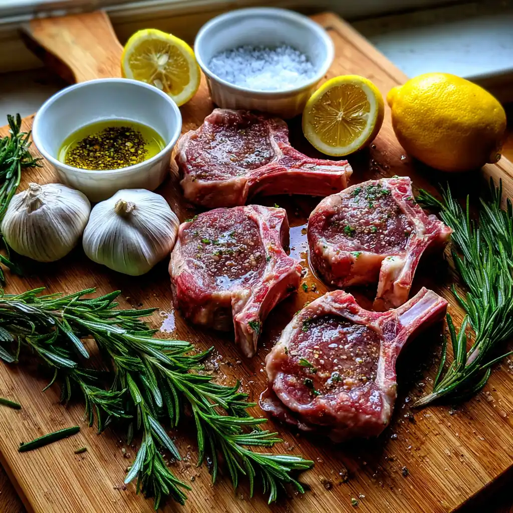ingrédients côtes d'agneau grillées au romarin et ail disposés à plat