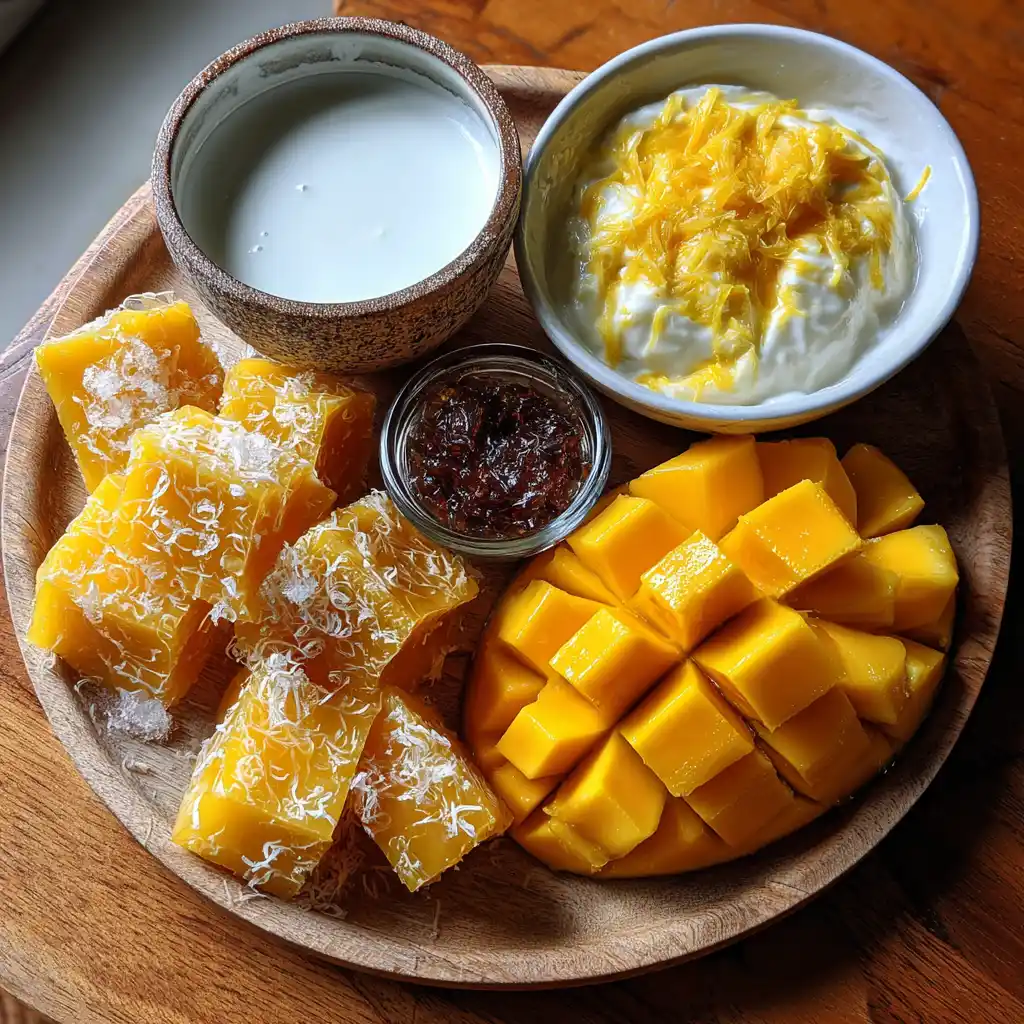 ingrédients panna cotta coco et coulis mangue disposés à plat