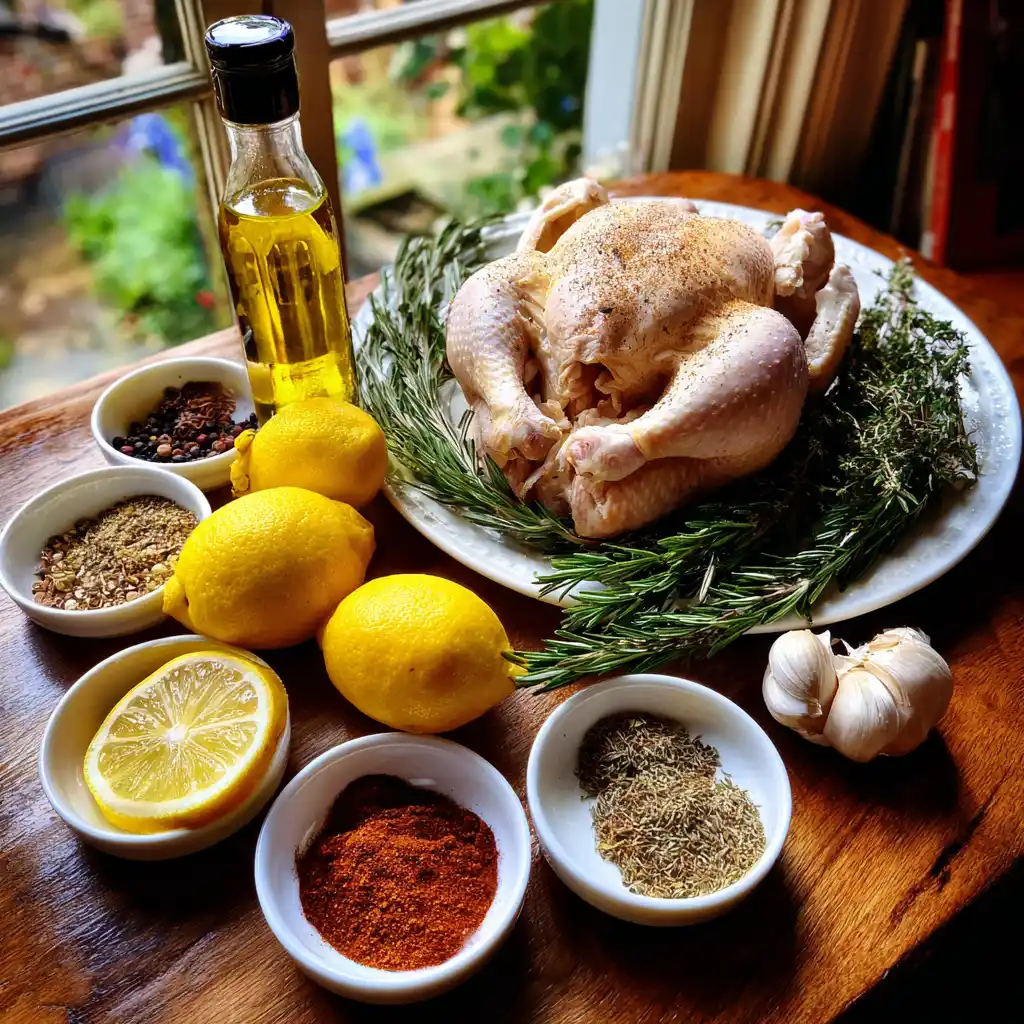 ingrédients poulet entier grillé façon crapaudine disposés à plat