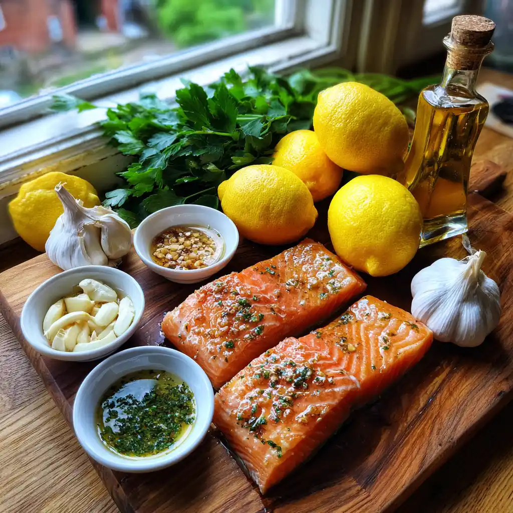 ingrédients saumon grillé glacé miel citron disposés à plat