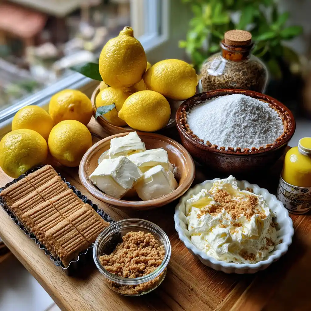ingrédients tarte au citron sans cuisson disposés à plat