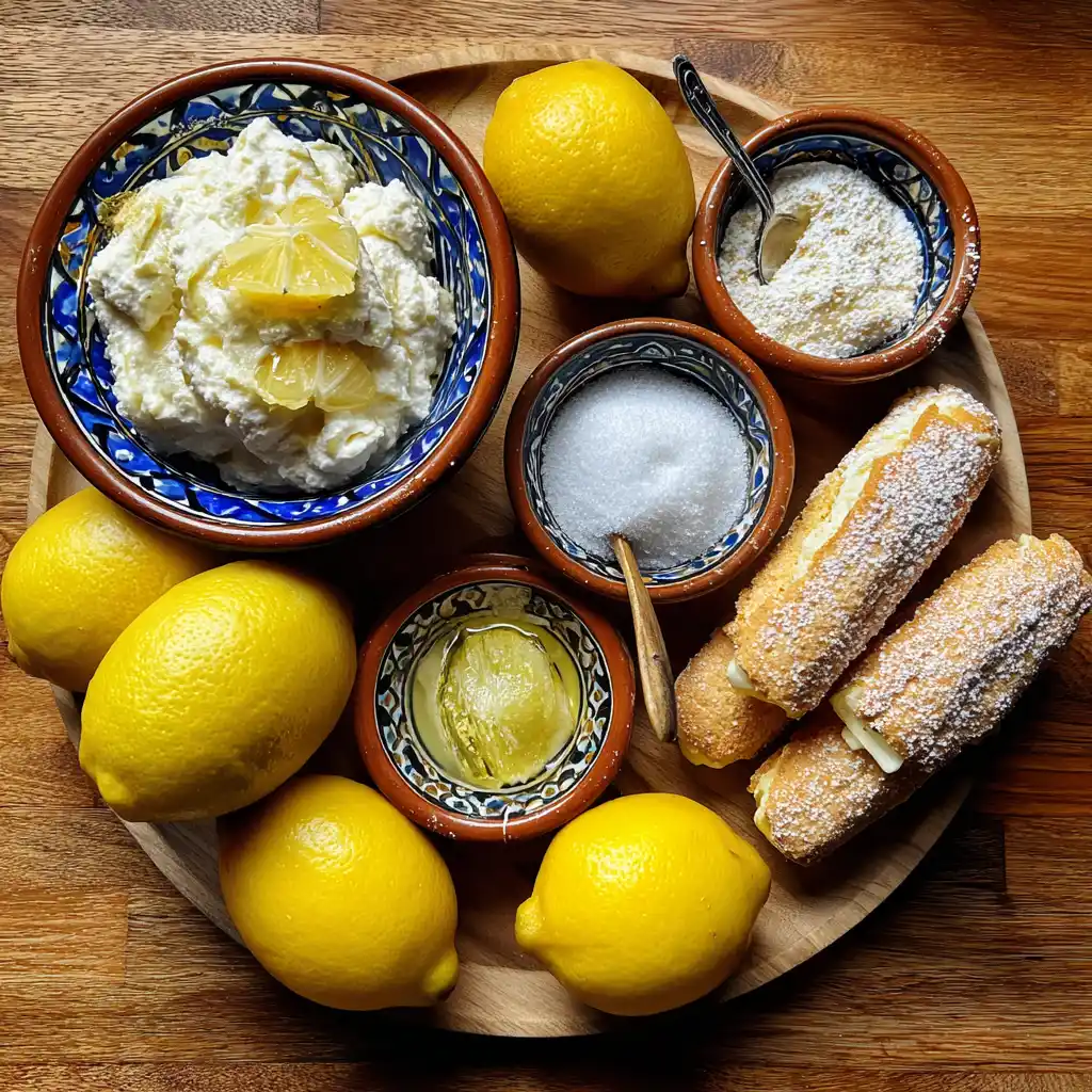 ingrédients tiramisu citron limoncello sans cuisson disposés à plat