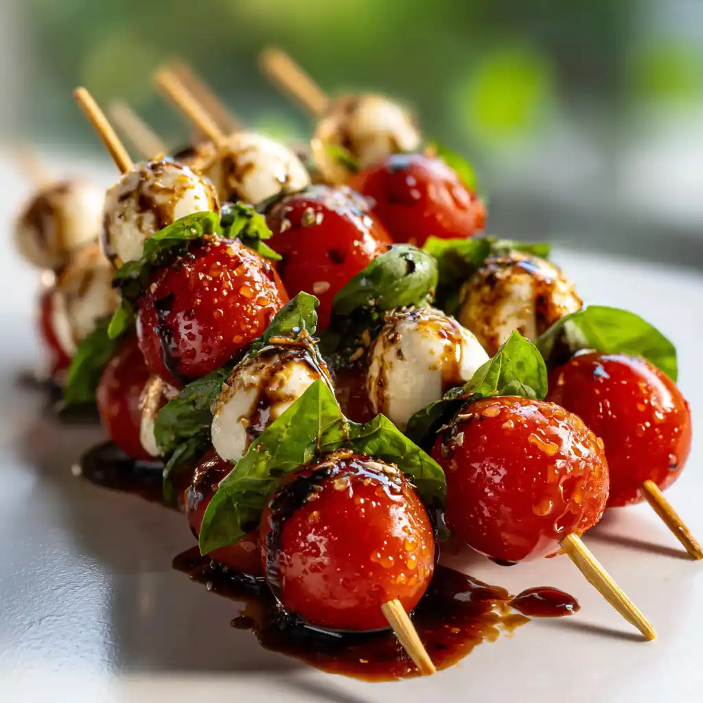 gros plan brochettes apéro caprese, tomate cerise, mozzarella et basilic sur pic