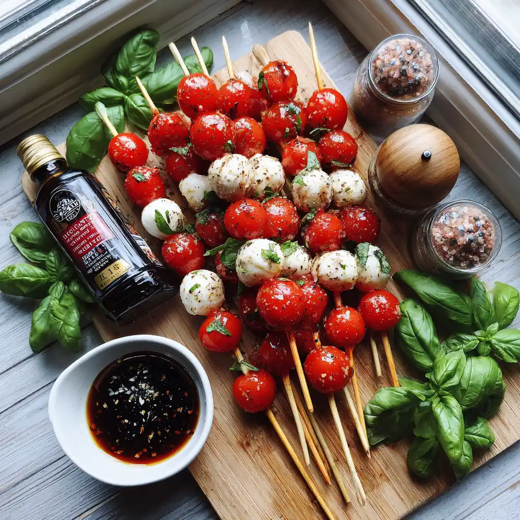 ingrédients pour brochettes apéro caprese, tomates cerises, billes de mozzarella, basilic frais