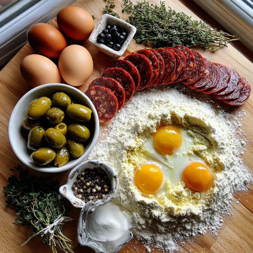 Ingrédients nécessaires pour préparer un cake salé aux olives et au chorizo