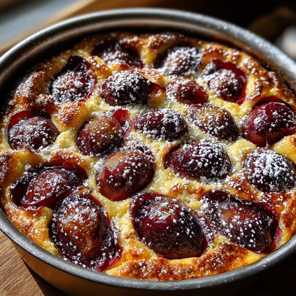 Part de clafoutis aux prunes maison montrant une texture fondante