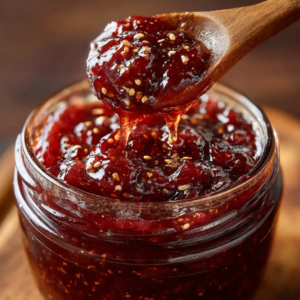 Gros plan sur une cuillère de confiture de prunes vanille maison