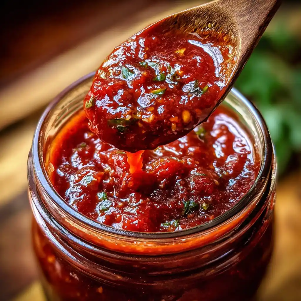 Gros plan sur la texture onctueuse et parfumée du coulis de tomates maison fraîchement préparé