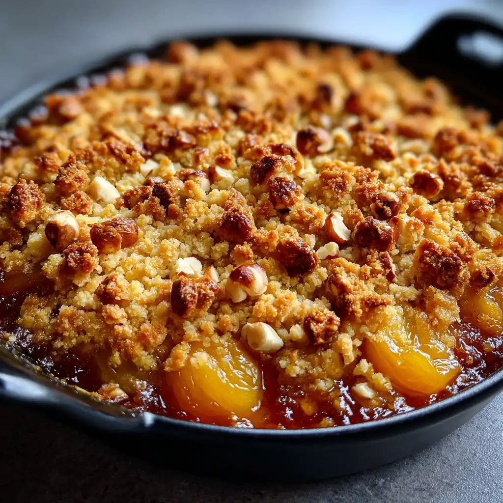 Gros plan sur la texture croustillante et fondante du crumble aux mirabelles et noisettes
