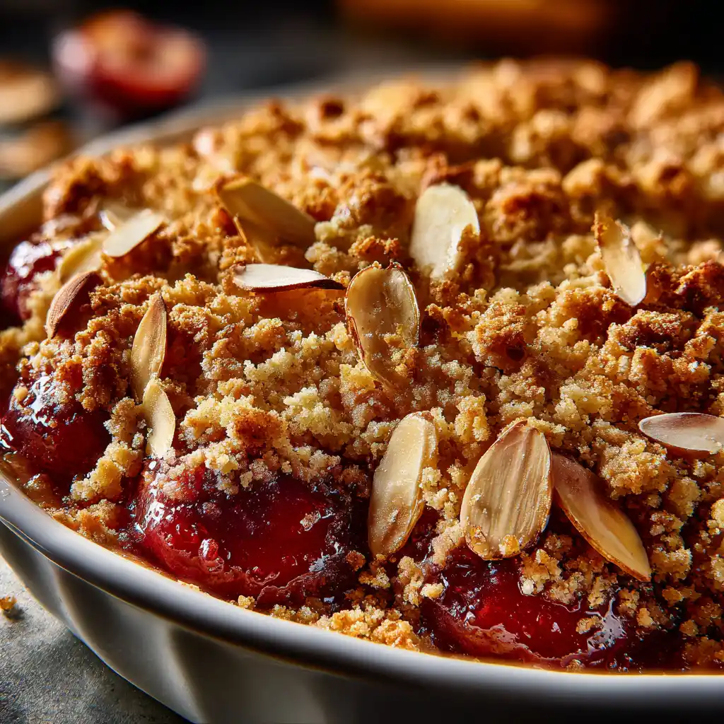 Gros plan sur une cuillère de crumble aux prunes et amandes