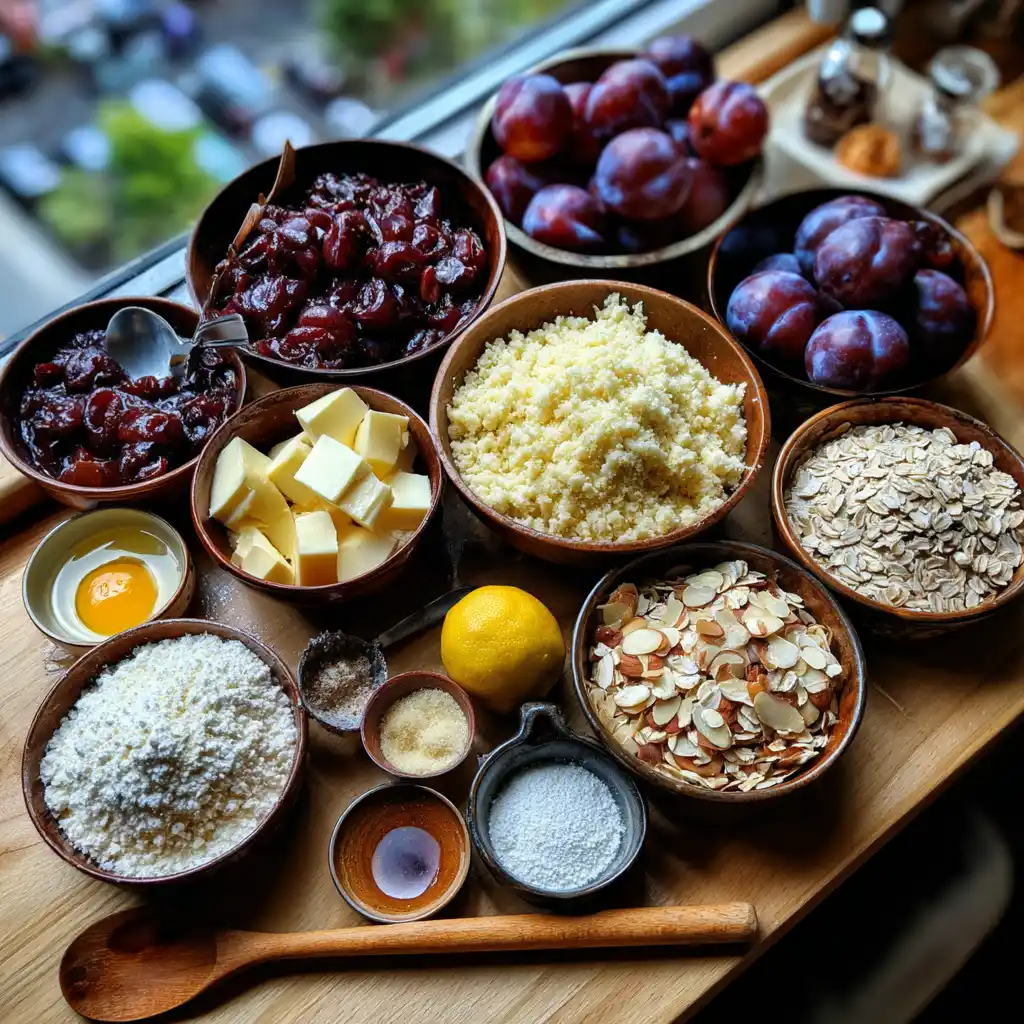 Ingrédients nécessaires pour préparer un crumble aux prunes et amandes