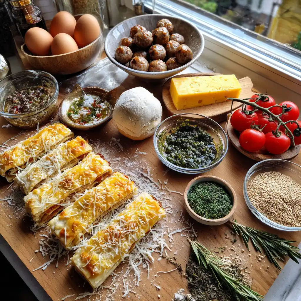 ingrédients pour feuilletés apéro variés faits maison, pâte feuilletée, jambon, fromage, herbes