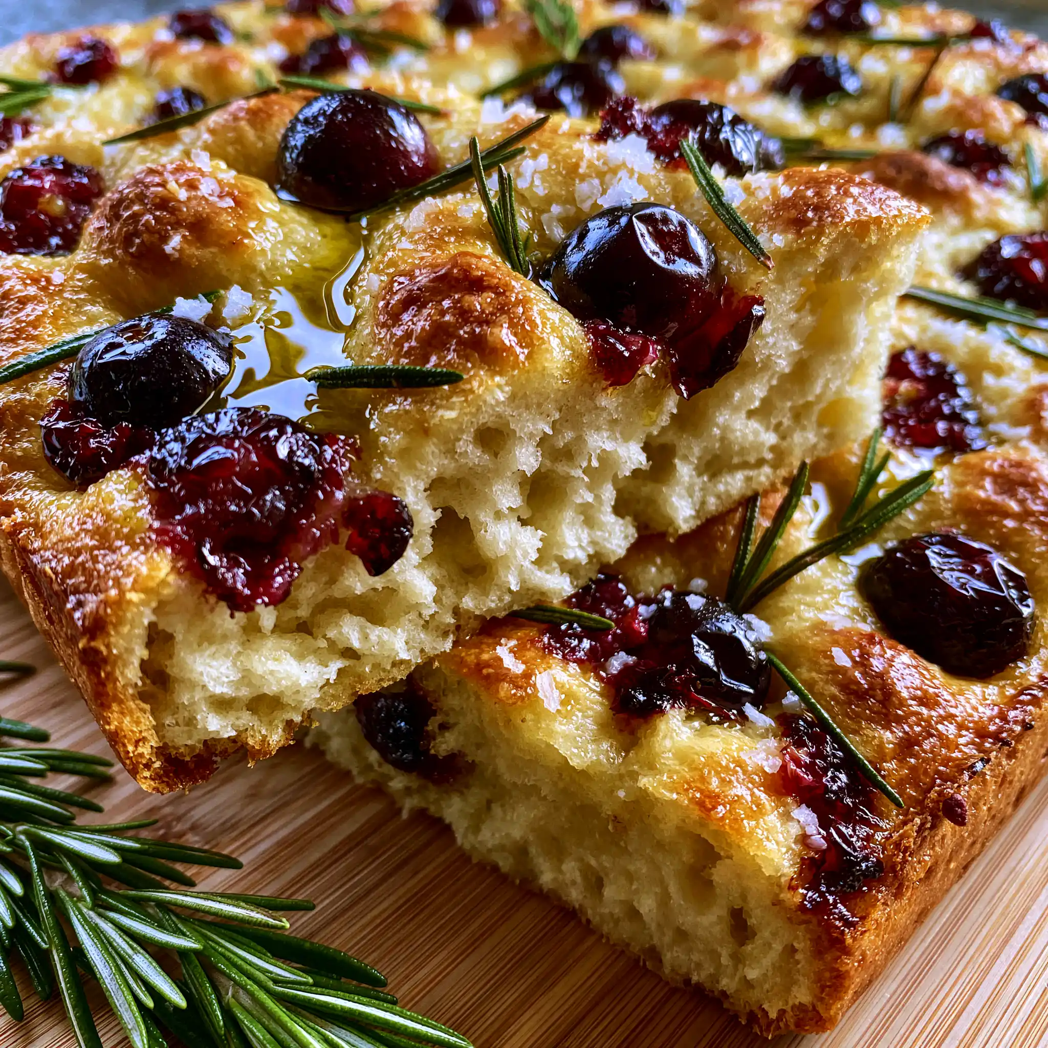 Gros plan sur la focaccia au raisin noir et romarin montrant la mie moelleuse et les raisins confits