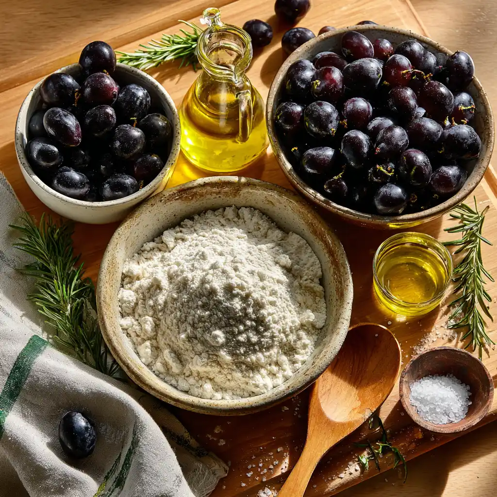 Ingrédients pour la focaccia au raisin noir et romarin : farine, levure, raisin noir, romarin frais et huile d'olive