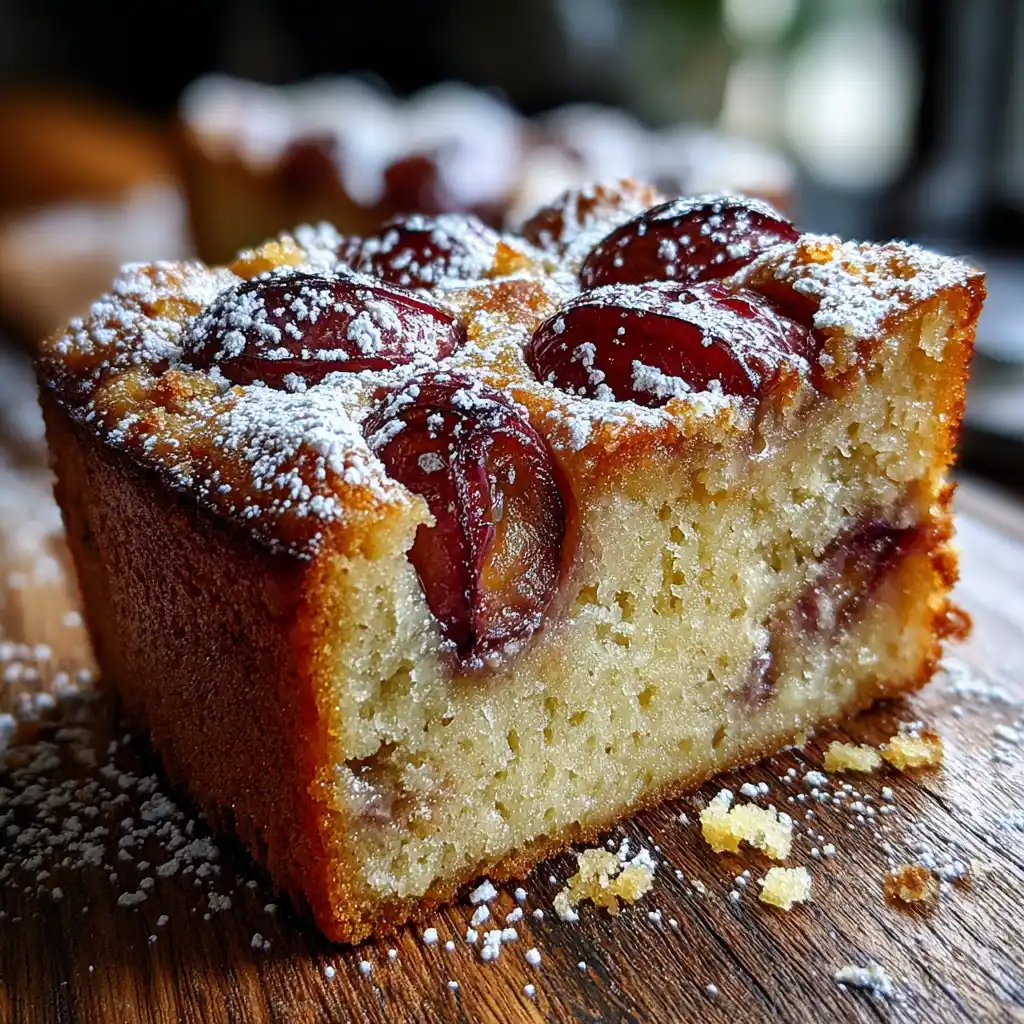 Part de gâteau aux prunes ultra moelleux montrant une mie légère et fondante