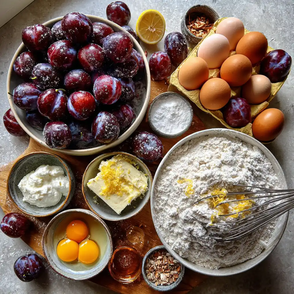 Ingrédients pour préparer un gâteau aux prunes ultra moelleux