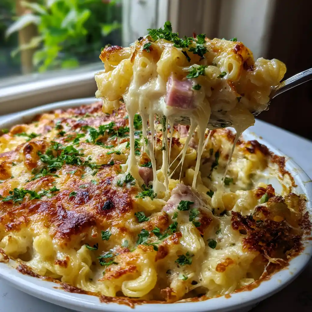 Gros plan sur une portion de gratin de coquillettes jambon fromage montrant des pâtes crémeuses et du fromage fondant