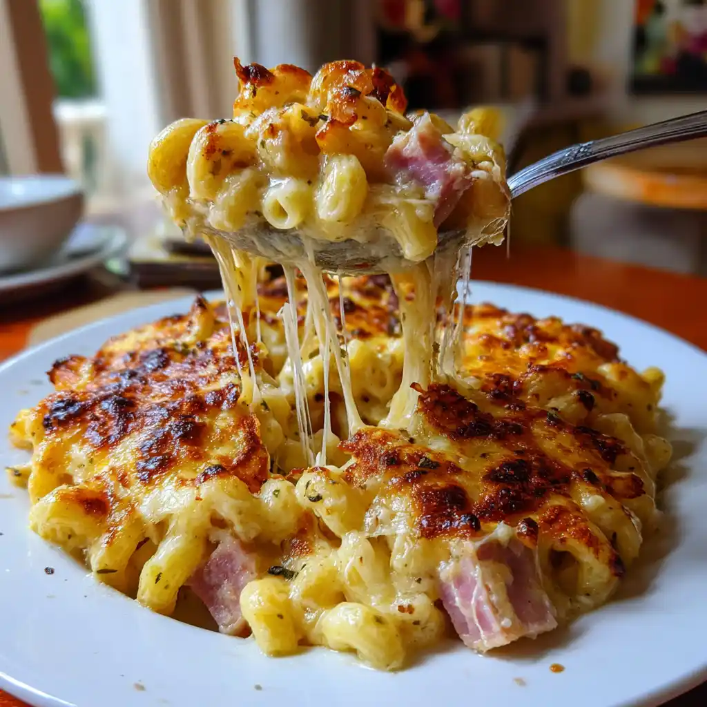 Gratin de coquillettes jambon fromage crémeux