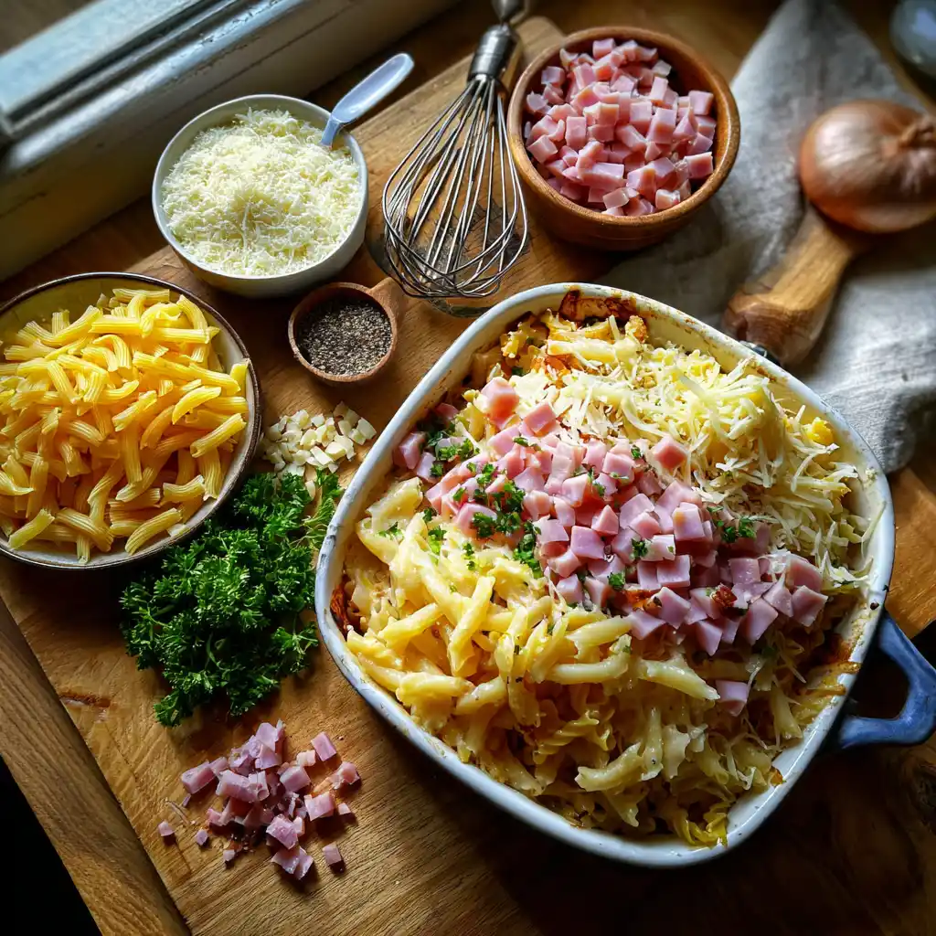 Coquillettes, jambon, lait, beurre, farine et fromage nécessaires pour préparer un gratin familial