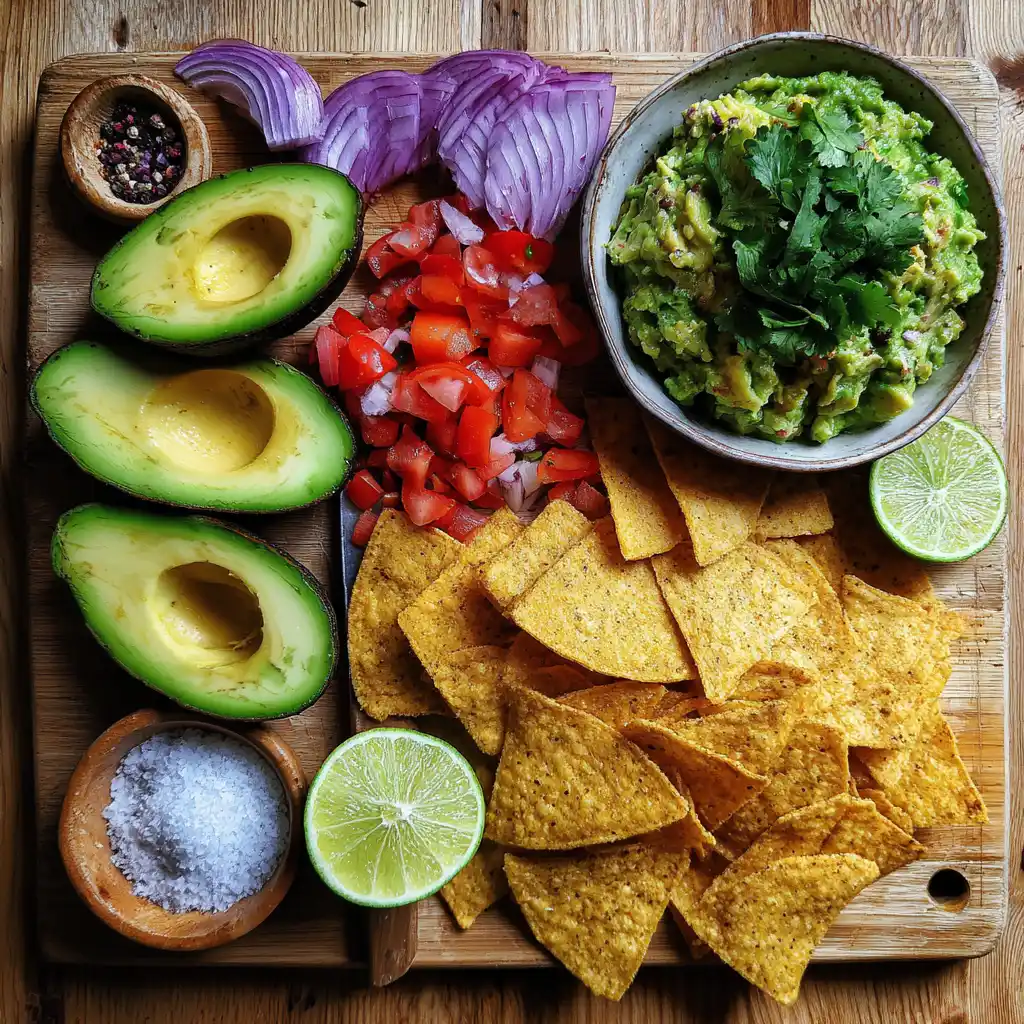 ingrédients pour guacamole maison crémeux et nachos, avocats, citron vert, coriandre, nachos