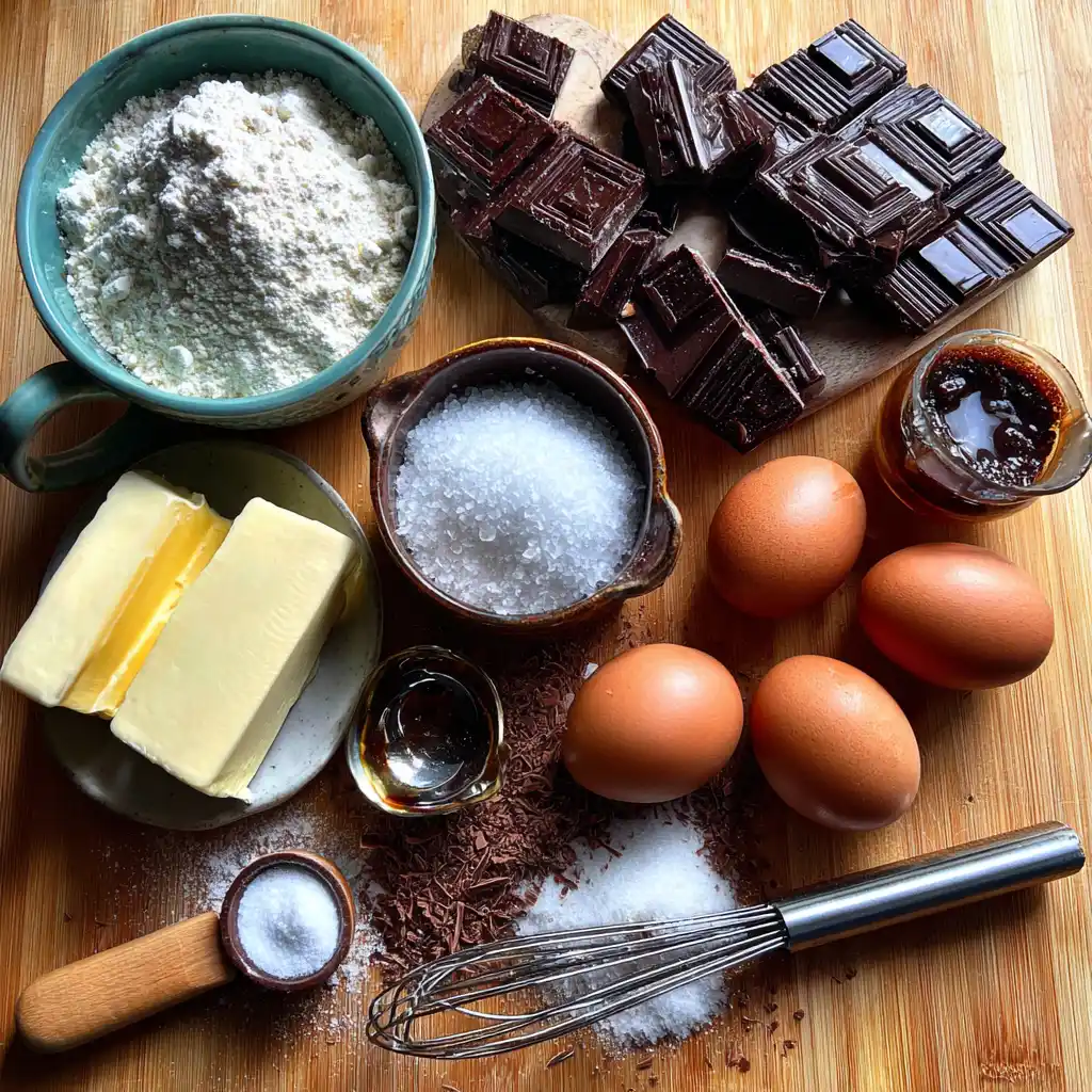 Chocolat noir, beurre, œufs, sucre et farine pour préparer des moelleux au chocolat cœur fondant