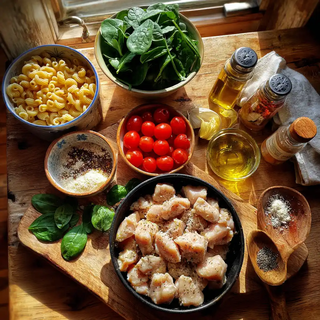 Poulet, pâtes, tomates, oignon, ail, bouillon, crème et parmesan pour préparer un One Pot Pasta