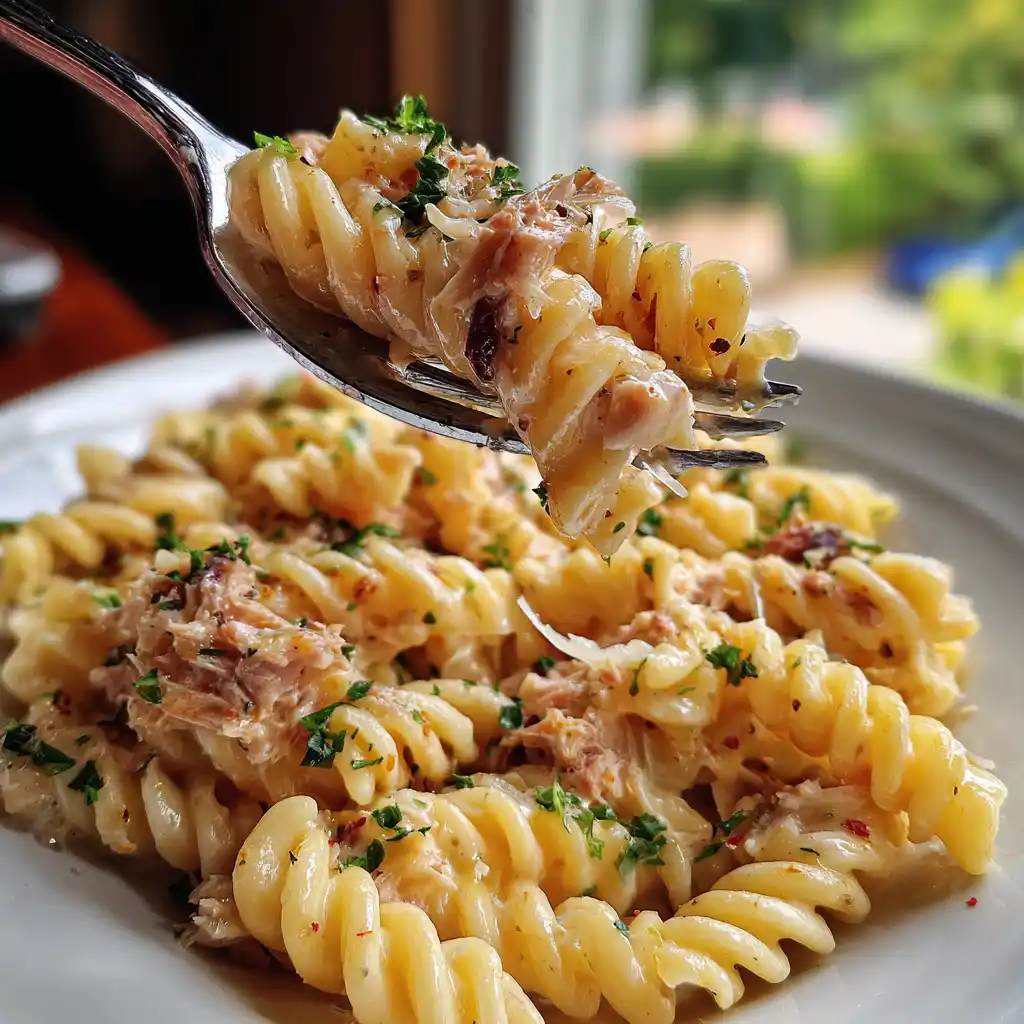 Gros plan sur des pâtes enrobées d’une sauce crémeuse au thon avec du persil et du parmesan
