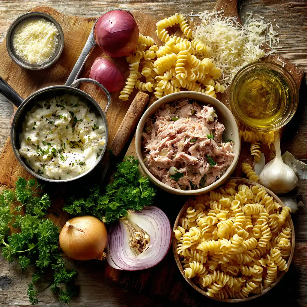 Pâtes, thon, crème, oignon, ail, citron et parmesan nécessaires pour préparer des pâtes crémeuses