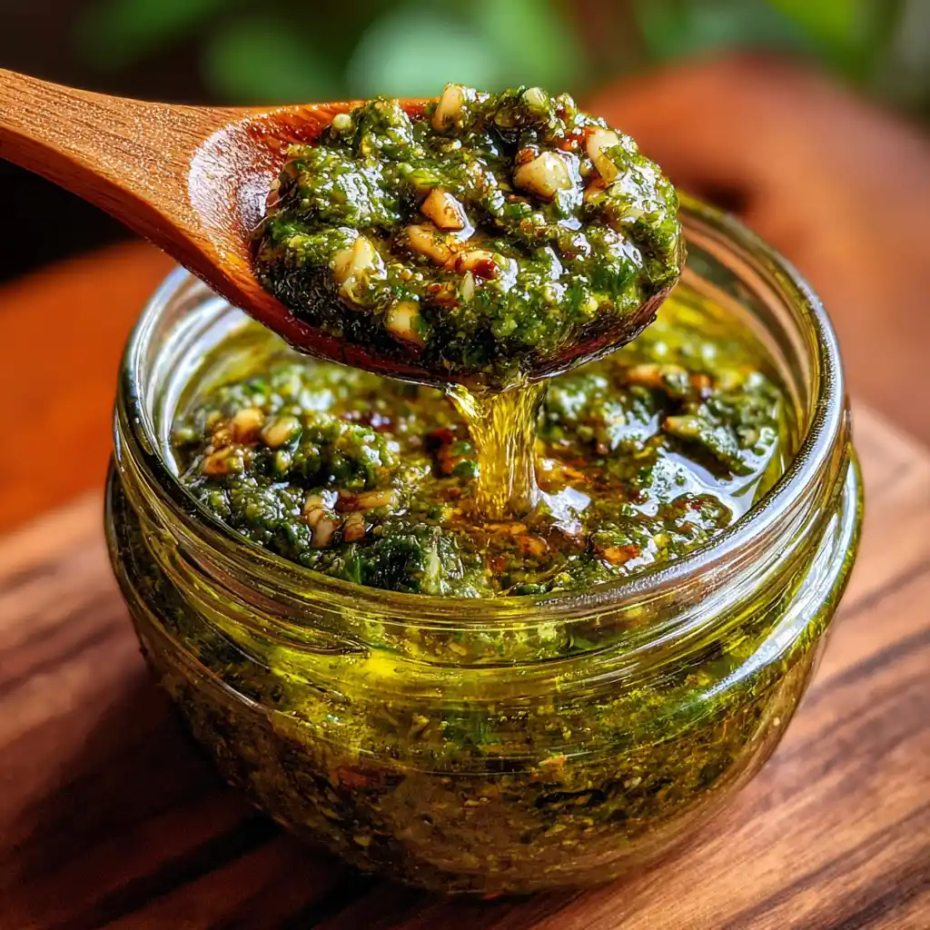 Gros plan sur un pesto maison au basilic frais particulièrement onctueux et parfumé