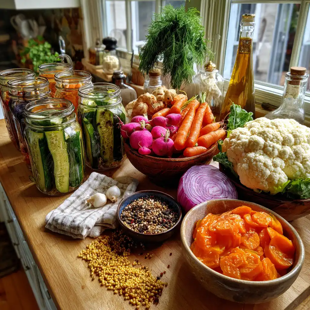 Tous les ingrédients nécessaires pour préparer des pickles de légumes maison