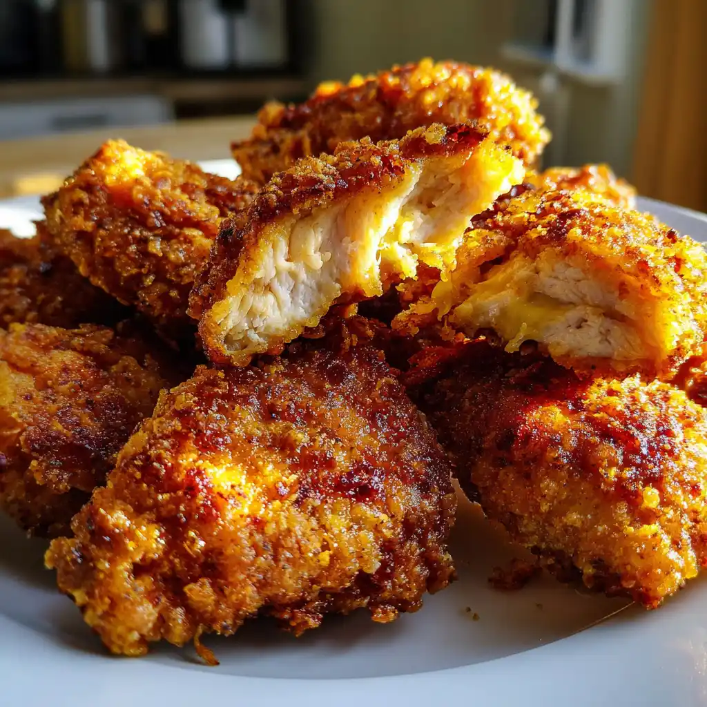 Gros plan sur du poulet croustillant Air Fryer à la panure dorée