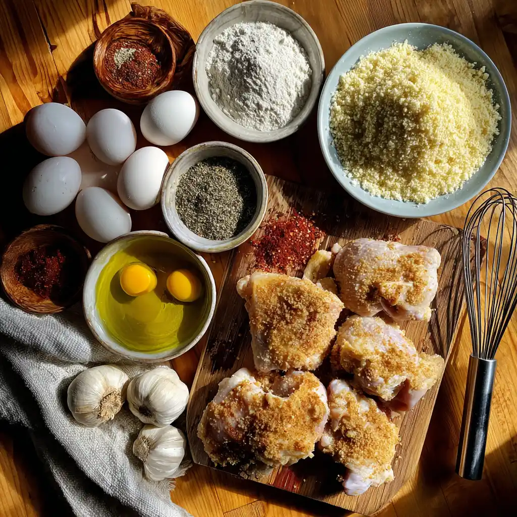 Ingrédients du poulet croustillant Air Fryer avec filets, panko, farine, œufs et épices