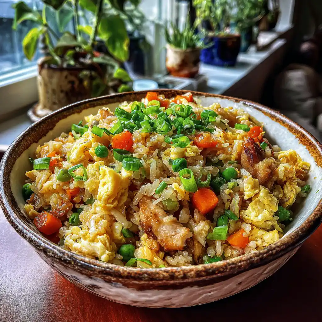 Gros plan sur un riz cantonnais express maison composé de riz parfumé, légumes croquants et œufs brouillés moelleux